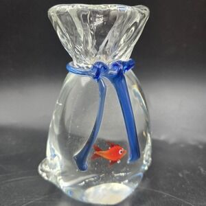 Vtg Murano Style Art Glass Fish In A Bag Goldfish Aquarium Paperweight Sculpture
